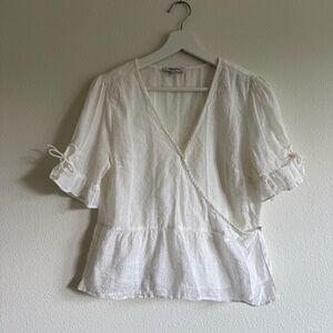 Madewell Off White Tie Sleeve Wrap Blouse Size 10; Dobby Texture